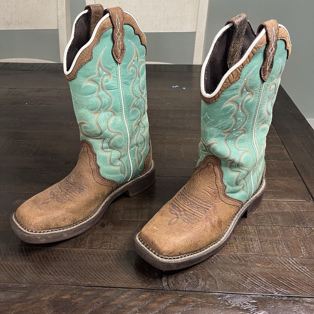 Justin Gypsy Size 6b Boots L2904 Girls Teal Green Brown Square Toe Low Heel